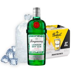 Pack Gin TANQUERAY London Dry Botella 700ml + Agua Tónica BRITVIC Paquete 4un Lata 150ml + Hielo Bolsa 1.5kg